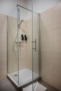 y baño con ducha y puerta de cristal. en Wohngut-Appartement 50qm 2, Zimmer für max 5 Pers inklusive Parkplatz, en Hagen