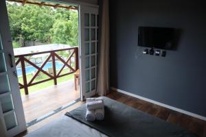 a bedroom with a door to a balcony with a television at Amoreira Pousada em Barra Grande Piaui in Barra Grande