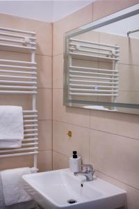W łazience znajduje się umywalka, lustro i ręczniki. w obiekcie Wohngut-City Apt. 1 Zi. 1 DB + 1 EZ 34 qm mit Parkplatz w mieście Hagen