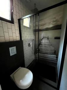 łazienka z toaletą i obrazem molo w obiekcie Przeszklony Tiny House w Lesie w mieście Tomczyn