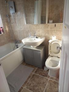 曼徹斯特的住宿－Morgan Ease，浴室配有盥洗盆、卫生间和浴缸。