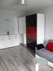 ein Wohnzimmer mit einem Sofa und einem Tisch in der Unterkunft Apartament Wenecja in Toruń