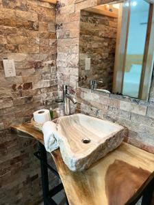 a bathroom with a stone sink and a mirror at Hotel EL Porvenir in Tunas Blancas
