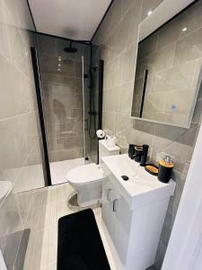 W łazience znajduje się toaleta, umywalka i prysznic. w obiekcie R-1 Newly renovated En-Suite Self contained Private Room in Selly Oak Birmingham w Birmingham