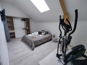 a room with a gym with a bed and a treadmill at Chambre spacieuse, jacuzzi, proche parc Astérix in Thiers-sur-Thève