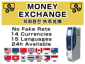 a sign that reads money exchange no fake rate emergencies languages available at APA Hotel Shin Osaka Ekimae in Osaka