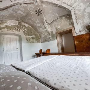 1 dormitorio con 1 cama grande y techo de piedra en Ubytovanie v Kláštore - Hostel, en Rožňava