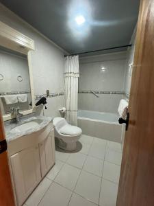 a bathroom with a toilet and a sink and a tub at Hostal Florencia in Hornopiren