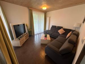 a living room with a couch and a flat screen tv at Family Apartments Terme Topolšica - Pušpan in Topolšica