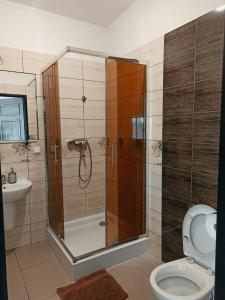 a bathroom with a shower with a toilet and a sink at Arkadia Noclegi in Łuków