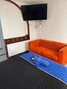ein Wohnzimmer mit einem orangenen Sofa und einem blauen Teppich in der Unterkunft Apt est castellana cll 97 in Bogotá