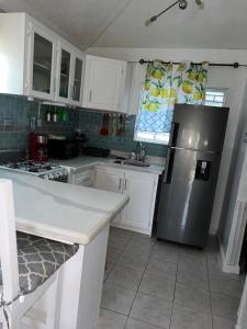 kuchnia z białymi szafkami i lodówką ze stali nierdzewnej w obiekcie Beautiful Vacation Home w mieście Ocho Rios