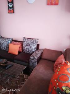 a living room with a brown couch and pillows at Backpackers at Banana Hill in Nairobi