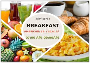 uma colagem de diferentes imagens de alimentos para o pequeno-almoço em HOSPEDAJE WELCOME paracas em Paracas