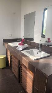 克里比的住宿－Appartement Jully/Plage，一间带两个盥洗盆和大镜子的浴室