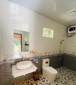 a bathroom with a toilet and a sink and a mirror at TamCoc Việt Tân Homestay & Garden in Ninh Binh +104 photos