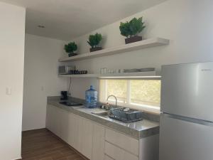 a kitchen with a sink and a refrigerator at Departamento Bohen 13 in Mérida +4 photos