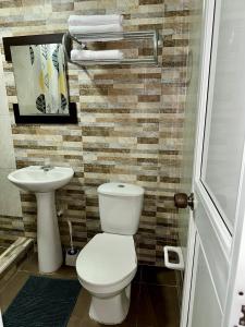 a bathroom with a toilet and a sink at Los Almendros Beach in San Andrés +40 photos