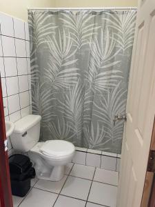 een badkamer met een toilet en een douchegordijn bij Hotel Ocean View in San Juan del Sur
