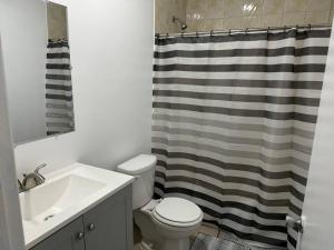 e bagno con lavandino, servizi igienici e tenda per la doccia. di Comfy Family Home -Adjacent To NYC: 15 Guests a Passaic