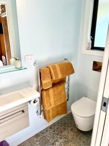 a bathroom with a toilet and towels at Pyke Cottage, Clyde in Clyde