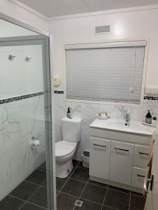 ein Bad mit einem WC, einem Waschbecken und einer Dusche in der Unterkunft Westwood Motor Inn in Armidale