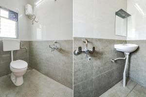 two pictures of a bathroom with a toilet and a sink at GOLDEN LEAF PREMIUM HOTEL in Hinjewadi