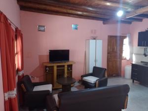 sala de estar con 2 sillas y TV en Hospedaje Cabaña Lemos TUNUYAN en Tunuyán