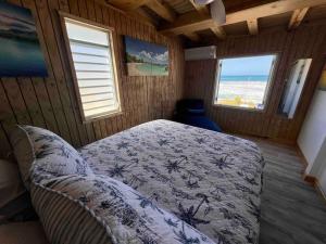 a bedroom with a bed and two windows at VSS Beach House - Arecibo in Arecibo