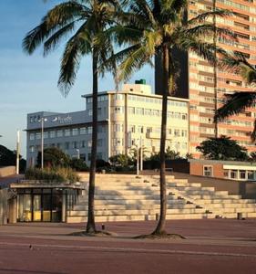 德班的住宿－潘若迪酒店，两棵棕榈树,在一座大建筑前