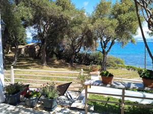 Sailors Luxury Cottage في Agia Pelagia Chlomou: طاولة مع نباتات الفخار وإطلالة على المحيط