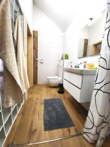 ein Bad mit einem Waschbecken und einem WC in der Unterkunft Villa Agardy 1 in Balatonkenese