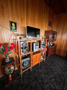 a living room with a tv and speakers on a shelf at Volcano Views Glampings & Crystal House in Monterrey