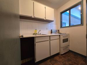 eine Küche mit weißen Schränken, einem Waschbecken und einem Fenster in der Unterkunft Alpine Inn in Valemount