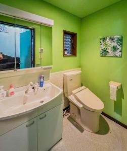 zieloną łazienkę z toaletą i umywalką w obiekcie Tranquil Tokyo Retreat #Spacious 3BR House in Hiroo w Tokio