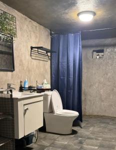 綠島鄉的住宿－走走 潛水背包旅宿，浴室设有卫生间和带蓝色淋浴帘的盥洗盆。