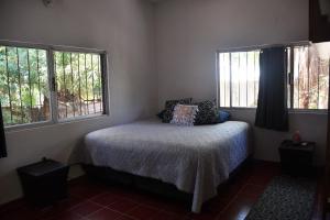 um quarto com uma cama e duas janelas em la playita hostal em San José del Cabo