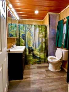 a bathroom with a shower curtain with a dog in the forest at Roberts Lodge in Tok