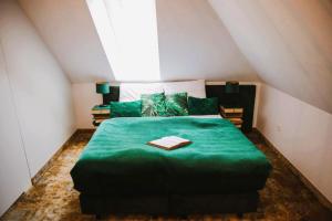 Un dormitorio con una cama verde en un ático en Stacja Kultura, en Poniatowa