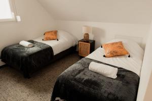 オルブールにあるGîte Relais Duplex à 5 minutes du Centre de Colmarのベッドが2つとランプ付きのテーブルがある部屋