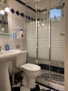 Un baño con inodoro, ducha y lavabo. en The Green Apartment, 1 min walk from Kalamaki beach, en Kalamaki