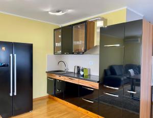a kitchen with black cabinets and a sink at Krimovica Sunset Spacious Apartment with Sea View and Pool in Krimovice