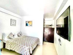a bedroom with a bed and a flat screen tv at Treasure Beach in Carles