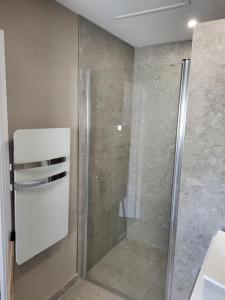 una doccia con porta in vetro in bagno di Au pied des terrils a Loos-en-Gohelle