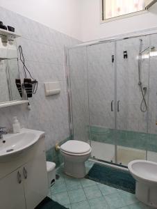 a bathroom with a shower and a toilet and a sink at Casa con ampio giardino e patio in Acerra