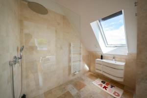 a bathroom with a shower and a sink and a window at Luxury Penthouse Schönbrunn in Vienna