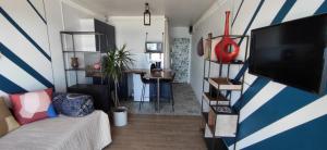 een woonkamer met een bank en een flatscreen-tv bij Appart n°22, VUE MER, Plage in Perros-Guirec