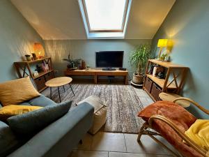 a living room with a couch and a tv at Au Coeur des Collines, Noisette in Ellezelles