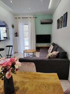ein Wohnzimmer mit einem Sofa und einem TV in der Unterkunft Adagio in Kalamata