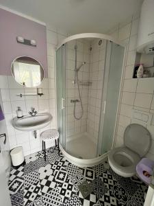 a bathroom with a shower and a sink and a toilet at Villa Mint&Lavender in Bled
